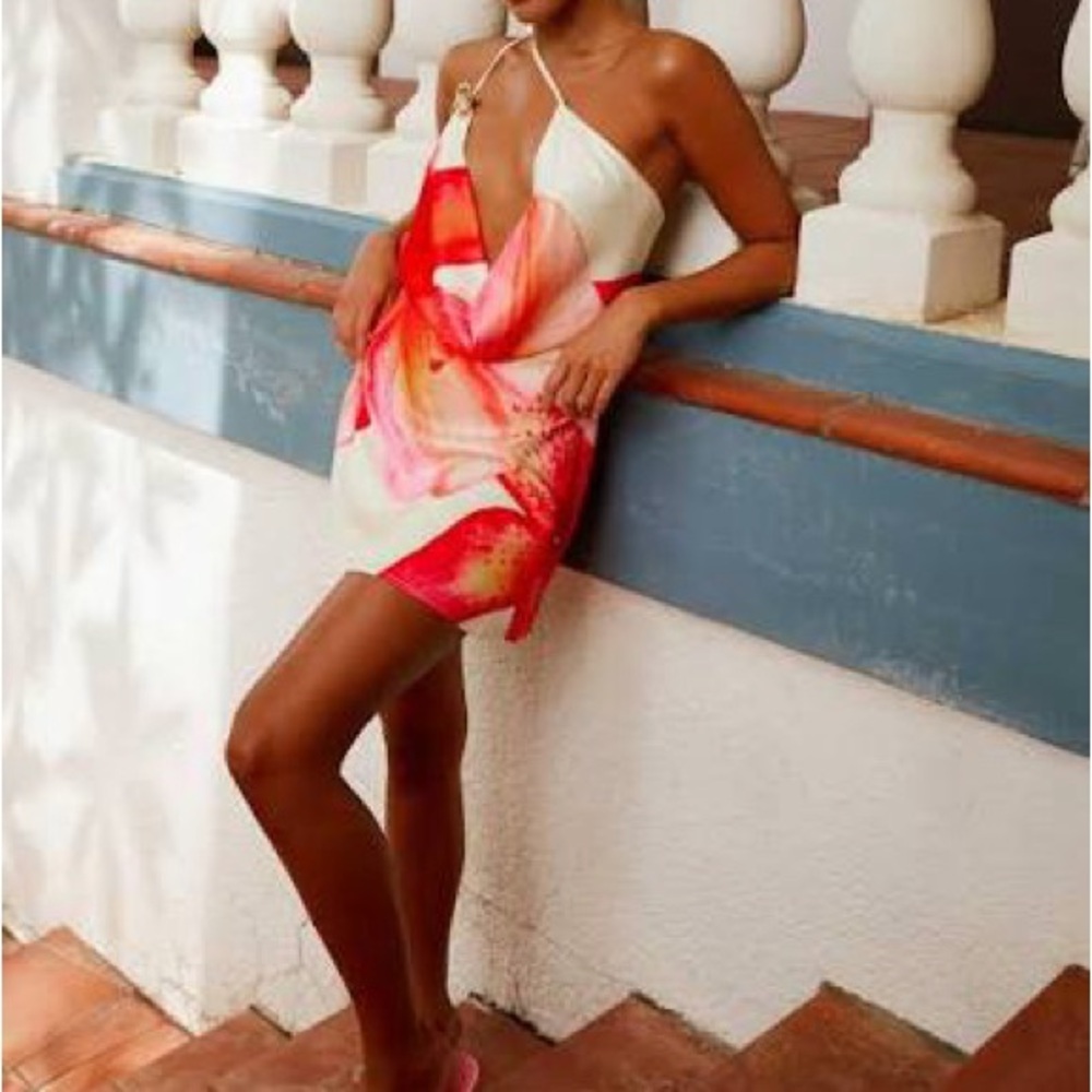 Peppermayo Cream Mini Dress with Pink and Orange Floral Print - Picture 3 of 6